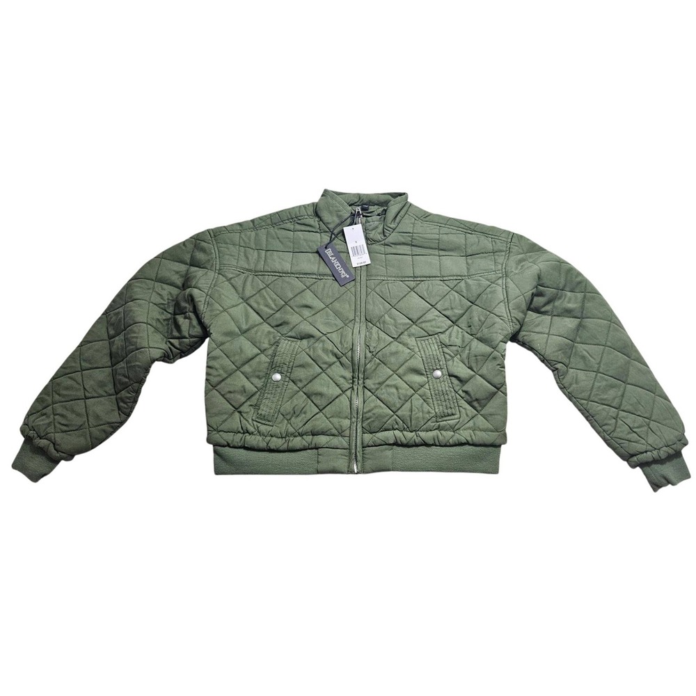 BLANKNYC Womens‎ Quilted Bomber Jacket Olive Green Full Zip Mock Neck Small NEW